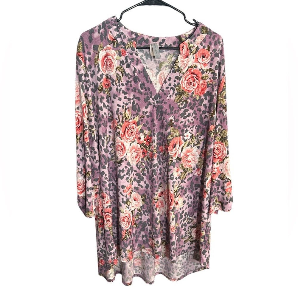 Honeyme Curvy Floral Rose/animal Print Lavender V-Neck Tunic